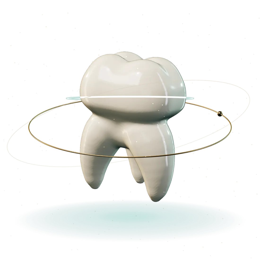 Molar 3D perlat care plutește pe un fundal petrol, înconjurat de două orbite aurii și de banda luminoasă a unei scanări